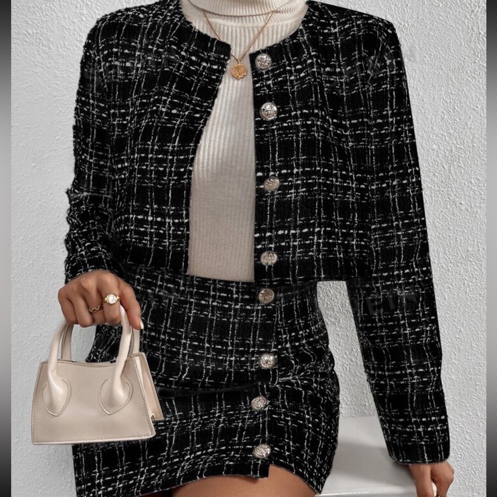 Women’s Small 2 Pieces Top and Skirt Set Tweed Button Front Crop Jacket & Skirt